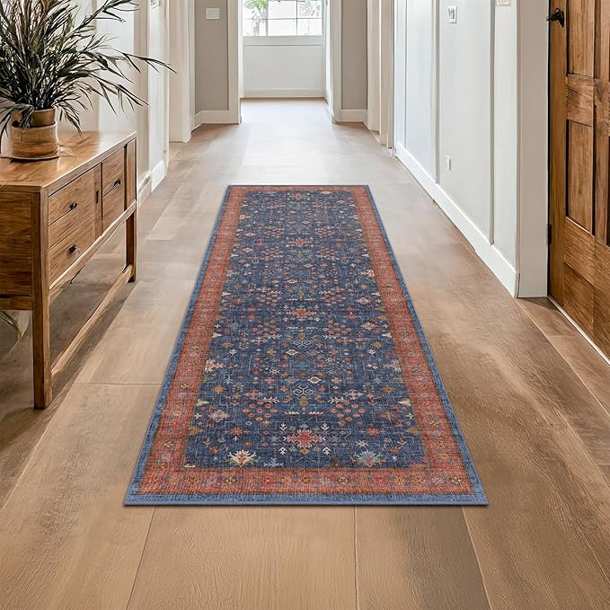 Navy Blue Runner Rug 2x7 for Kitchen, Hallway, Mudroom, Laundry Room, Bathroom, Washable Non Slip Non Skid Rubber Backing Low Pile Stain Resistance