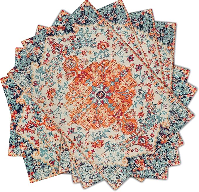Ethnic Boho Placemats Set of 6 Southwest Orange Blue Teal Carpet Woven Texture Linen Washable Kitchen Dining Table Mats Stain Heat-Resistant Desktop Decor Place Mats for Home Party Indoor 12x18 inch
