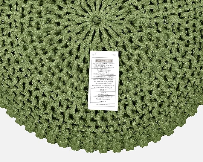 COTTON CRAFT Round Dori Pouf - Cotton Braid Cord Cable Knitted Ottoman - Foot Stool - Footrest - Floor Pouf - Accent Furniture - Woven Ottoman - Bean Bag - Living Room Dorm - 20 Dia x 14 High - Sage