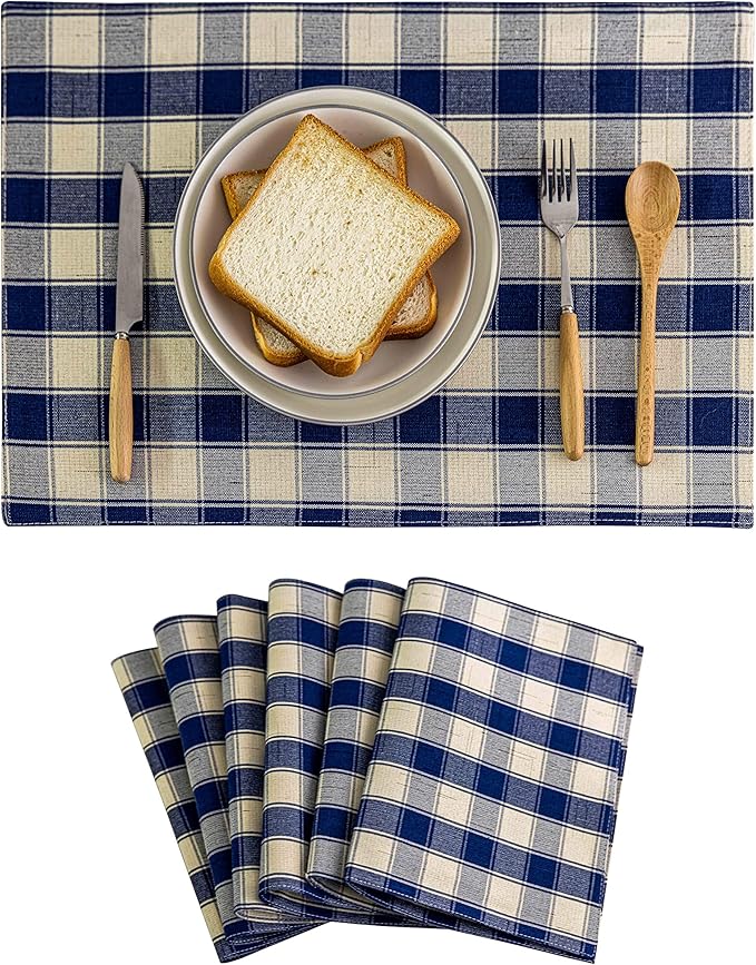 Home Brilliant Farmhouse Placemats Set of 6 Machine Washable Place Mats for Kitchen Table Mats, 13 x 19 inches, Checker Plaid, Navy Blue