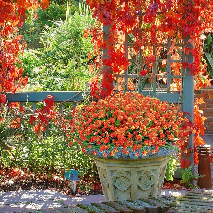 Ouddy Decor 24 Bundles Artificial Flowers for Outdoors UV Resistant Fake Plastic Plants Faux Boston Fern Greenery Stems for Spring Summer Indoor Garden Patio Window Box Kitchen Home Decor, Orange