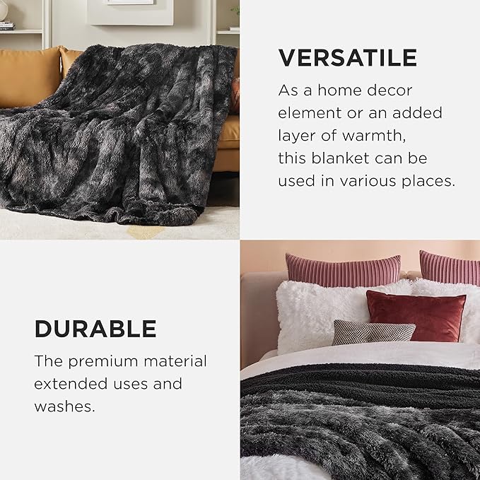 Bedsure Fluffy Tie Dye Black King Size Blanket for Bed, Thick Soft Sherpa Faux Fur Fleece Bedding Fuzzy Plush Winter Warm Heavy Oversize Big Large King Blanket, Cozy Black Gifts for Men Women, 108x90