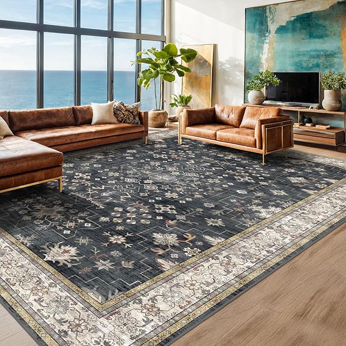 Boho Black Rug for Living Room - Washable 10x14 Area Rug, Dining Room Rugs for Under Table, Soft Low Pile Carpet for Large Bedroom - Farmhouse Decor, Non-Slip & Stain Resistance (10x14 Black/Multi)