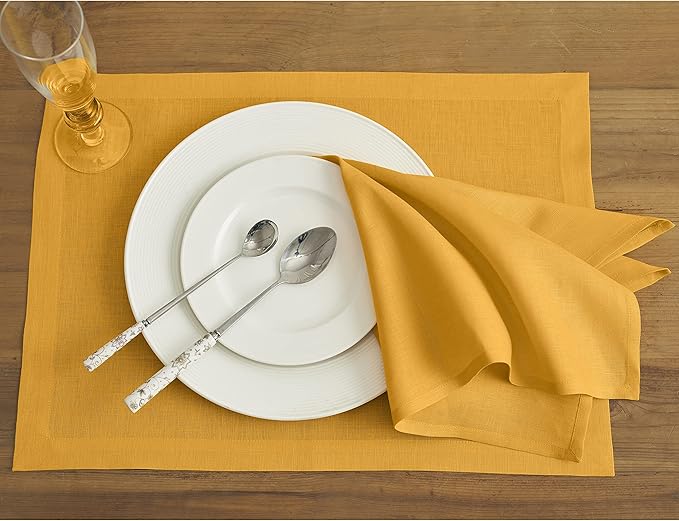 Solino Home Linen Cloth Placemats Set of 4-100% Pure Linen Tangerine Yellow Placemats 14 x 19 Inch for Summer - Fete