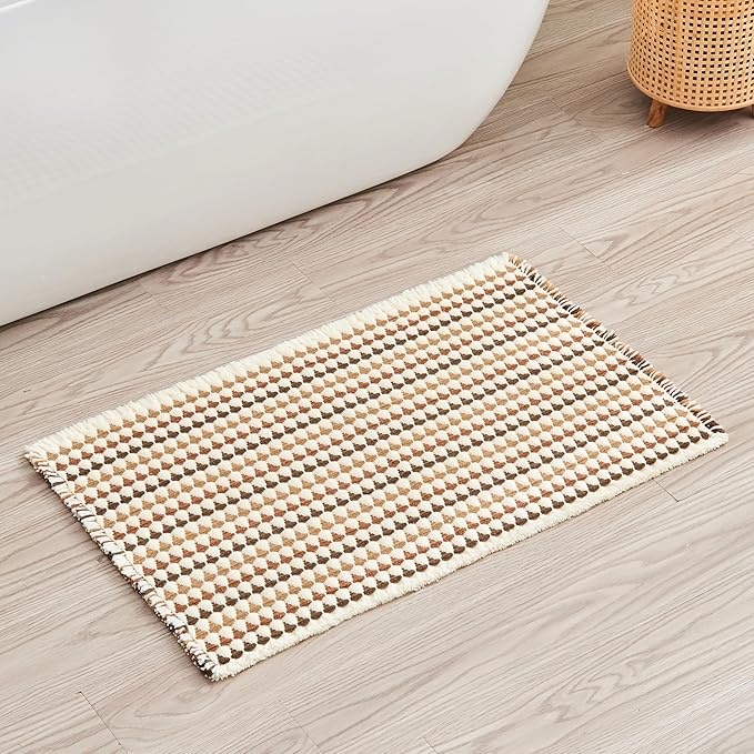 Douceur Boho Bath mat for Bathroom Floor Non Slip, Acrylic Blend Cute Bath Mats with Tassels, Quick Dry Bath mats Machine Washable, 16" x 24", Brown