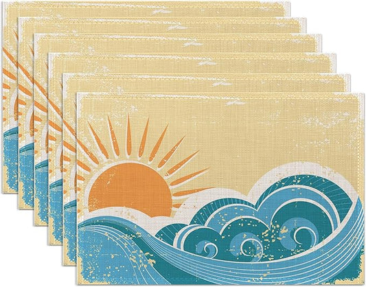 Japanese Style Waves Placemats Set of 6,Washable Heat Resistant 12×18 Inch Linen Table Mats Vintage Landscape Place Mats for Party Outdoor Dining Décor