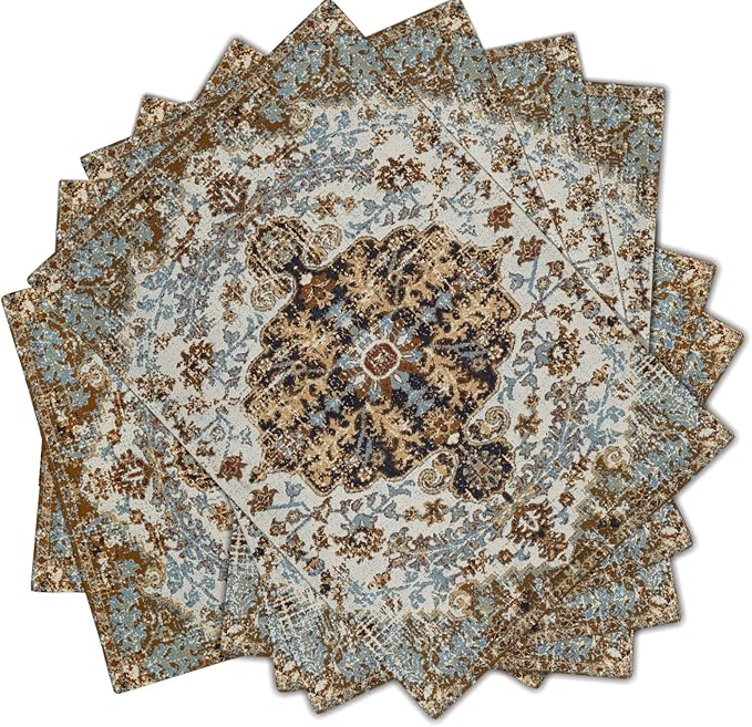 Ethnic Boho Placemats Set of 6 Bohemian Carpet Vintage Black Teal Grey Floral Linen Washable Kitchen Dining Table Mats Stain Heat-Resistant Desktop Decor Place Mats for Home Party Indoor 12x18 in
