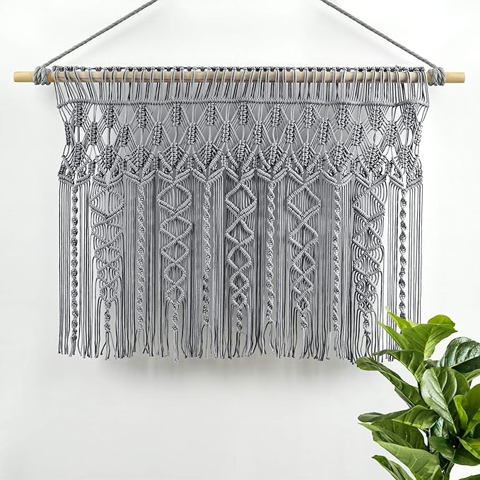 Lush Decor Boho Macrame Textured Cotton Valance, 40" W x 30" L, Gray - Boho Kitchen Curtains & Wall Decor - Macrame Valance - Bathroom Window Curtains