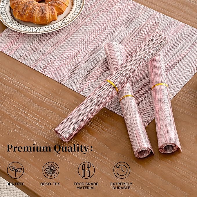 Leetaltree Misty Rose Placemats Set of 8 - Heat Resistant Non-Slip Place mats for Dining Table, Washable Durable PVC Vinyl Woven Table Mats(Misty Rose, 8)