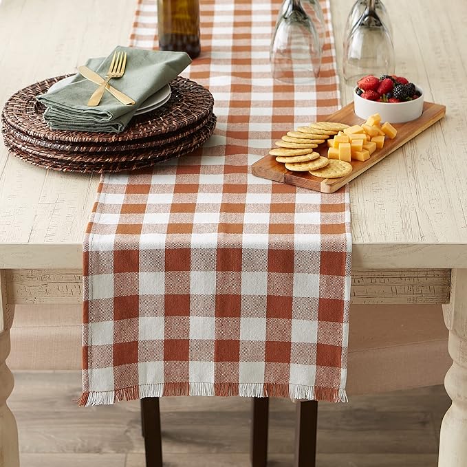DII Heavyweight Fringed Check Tabletop Collection, Table Runner, 14x72, Cinnamon