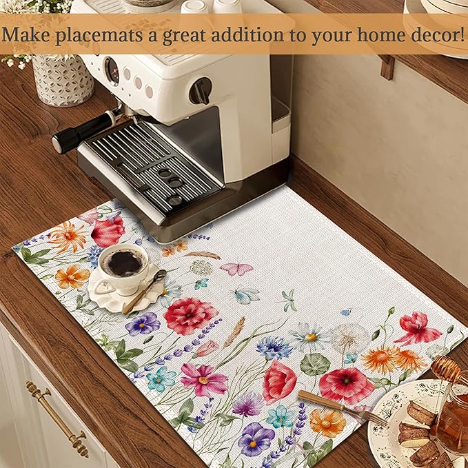 Watercolor Floral Chamomile Lavender Flowers Placemats Set of 6 Place Mats for Kitchen Table Washable Farmhouse Linen Table Mats Dining Decoration 12x18 Inch