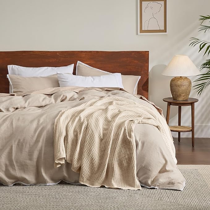 Bedsure 100% Cotton Blanket Twin XL Size for College Dorm - Breathable and Soft, Waffle Weave Twin Blanket for Summer, Dorm Room Essentials, Beige, 66x90 inches