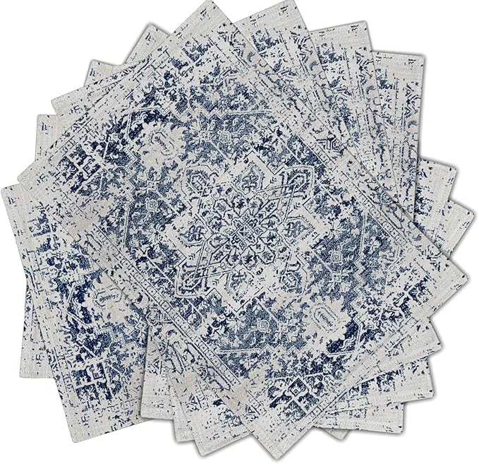 Navy Blue Grey Ethnic Boho Placemats Set of 6 Bohemian Carpet Vintage Gray Linen Washable Kitchen Dining Table Mats Stain Heat-Resistant Desktop Decor Place Mats for Home Party Indoor 12x18 in