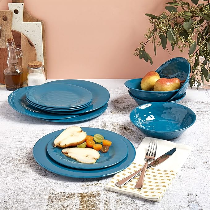 Tabletops Gallery Indoor/Outdoor Melamine Dinnerware Collection- Chip Break Resistant Plates Bowls Dishwasher Safe, 12 Piece Dinnerware in Ocean Blue (Dark Blue)