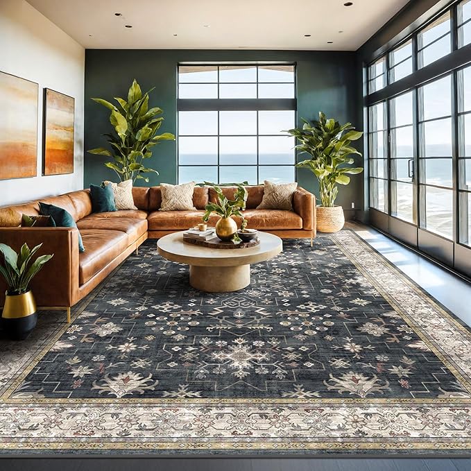 Boho Black Rug for Living Room - Washable 10x14 Area Rug, Dining Room Rugs for Under Table, Soft Low Pile Carpet for Large Bedroom - Farmhouse Decor, Non-Slip & Stain Resistance (10x14 Black/Multi)