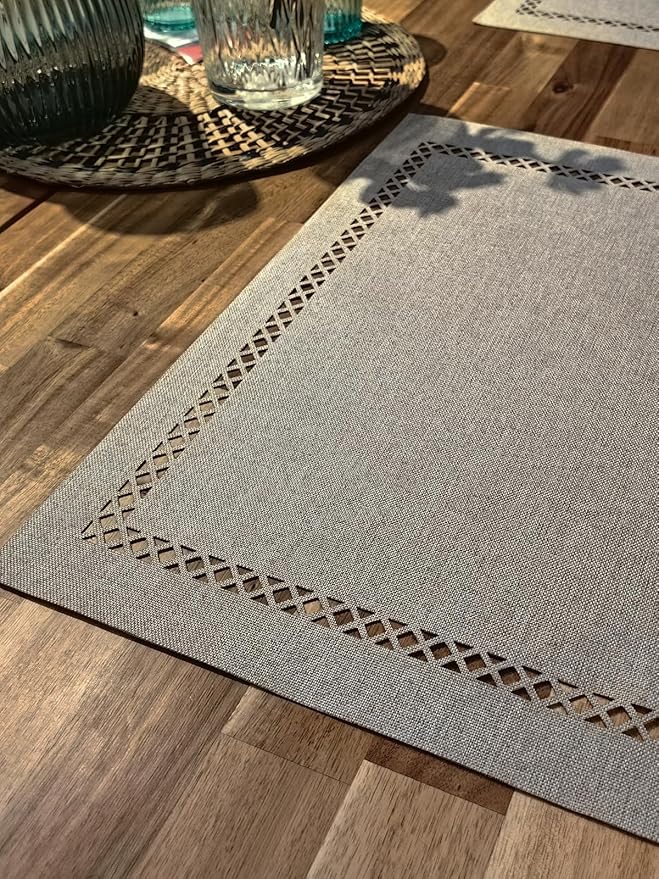 Placemats Set of 6 for Dining Table with Hollow Edge Design- Table Mats 12x 18 Inch, Cloth Place mats Machine Washable (Grey 6pcs)
