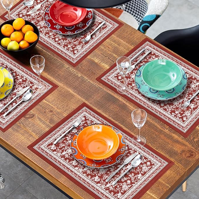 Red Placemats Set of 4,Vintage Chinoiserie Flower Branches Place Mats Heat Resistant Dining Table Mats 12 x 18 Inch Non-Slip Washable Desk Mats for Party Kitchen Dining Decoration