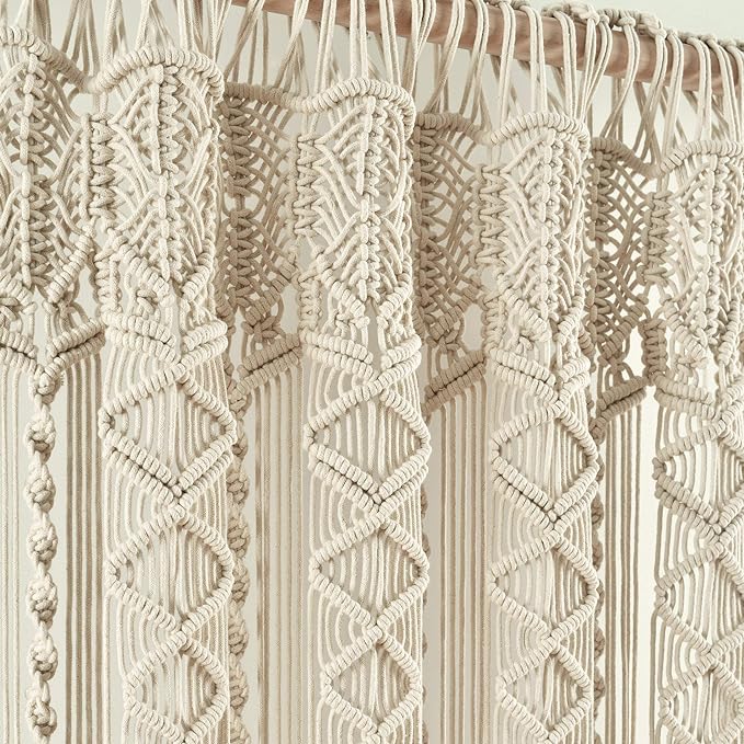 Lush Decor Boho Macrame Textured Cotton Window Curtain Panel, Single Panel, 40" W x 63" L, Neutral - Doorway Room Divider - Wedding Or Wall Decor - Boho Macrame Curtain