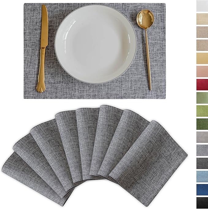 Demetex Grey Textured Linen Placemats Set of 8 Classic Place Mats Heat Resistant Cloth Table Placemat for Dinner Gathering Buffet, 13x19 inch, Ash Grey