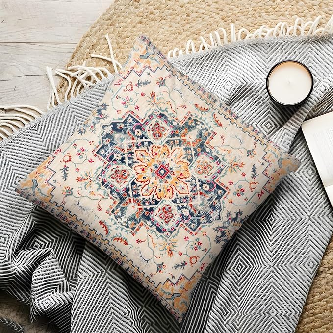 Boho Throw Pillow Covers 16x16 inch Set of 2,Boho Vintage Carpet Pattern Antique Ethnic Decor Double Sided Pattern Cushion Cover Soft Pillow Case Living Sofa Room Bed Square Pillow Cover