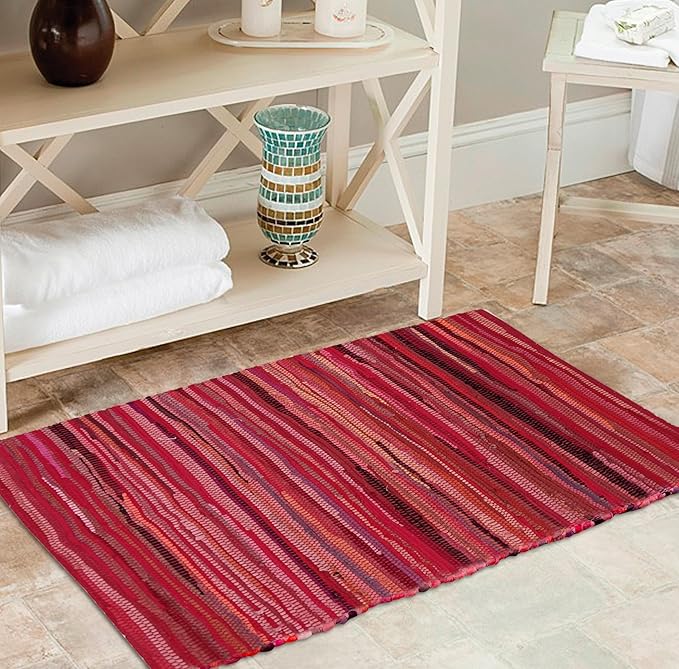 Rug Area Rugs Cotton Red 24x36 Inches Multicolour Chindi for Livingroom Bedroom Washable RagRug Reversible Farmhouse Kitchen RunnerRug Carpet Area Runner Mat for Hallway, Entryway