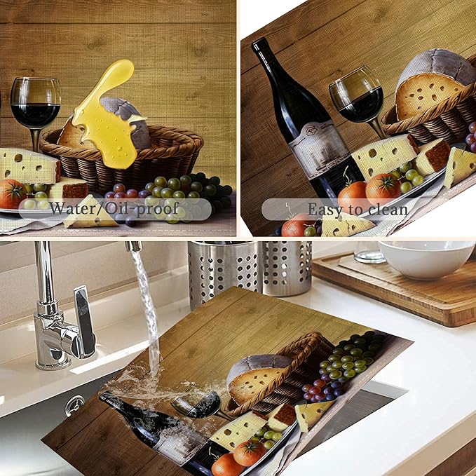 Wine Cheese Placemats Set of 6,Washable Heat Resistant 12×18 Inch Linen Table Mats Vintage Place Mats for Party Outdoor Dining Décor