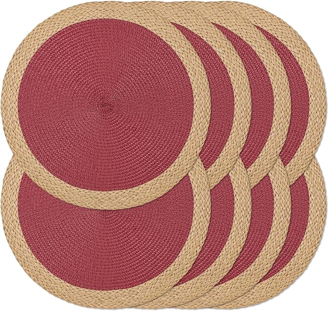 Noctiflorous Round Braided Placemats Set of 8 Table Mats 15 Inches Washable Heat Resistant for Dining Table Non-Slip Indoor Outdoor Place Mats for Thanksgiving Christmas Easter(Red Wide Edge 8)