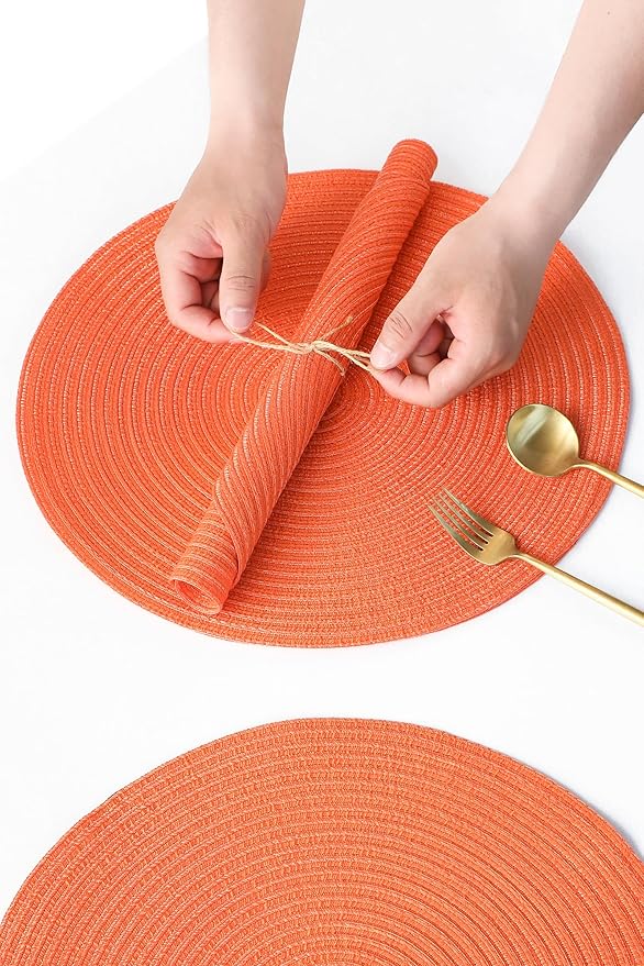 Floroom 15 Inch Round Braided Placemats Set of 4, Washable Heat Resistant Cotton Polyester Circle Place Mats for Kitchen Dining Table - Coral Orange