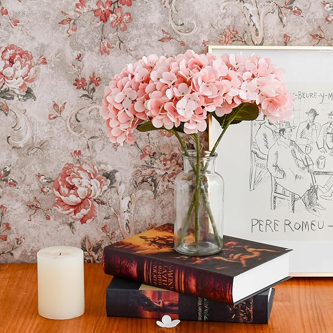 Mandy's 3 Stems Light Pink Artificial Hydrangea Flowers – 13.7” Realistic Silk Bouquet for Centerpieces, Wedding & Home Decor