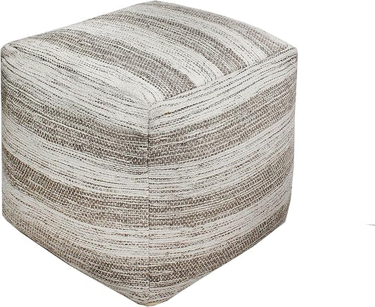 COTTON CRAFT Handwoven Stripe Dhurrie Pouf - Ottoman Foot Stool Bean Bag - Dorm Bedroom Home Décor - Accent Seating - Boho Modern Comfortable Prefilled Cotton Pouf Footrest - 16 inch Square - Grey