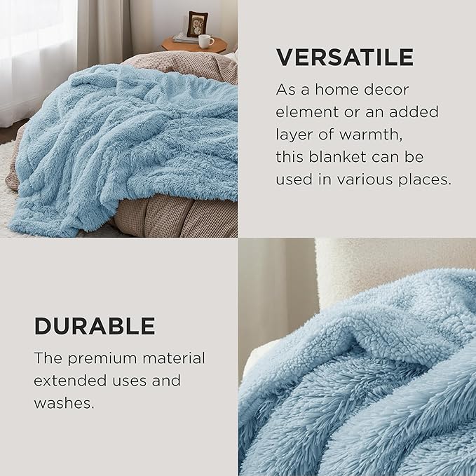 Bedsure Fluffy Light Blue Blankets Queen Size for Bed, Thick Sherpa Faux Fur Fleece Fuzzy Plush Winter Warm Soft Full Queen Blankets, Bedroom Decor Blue Gifts Cozy Gifts for Women Men, 90x90