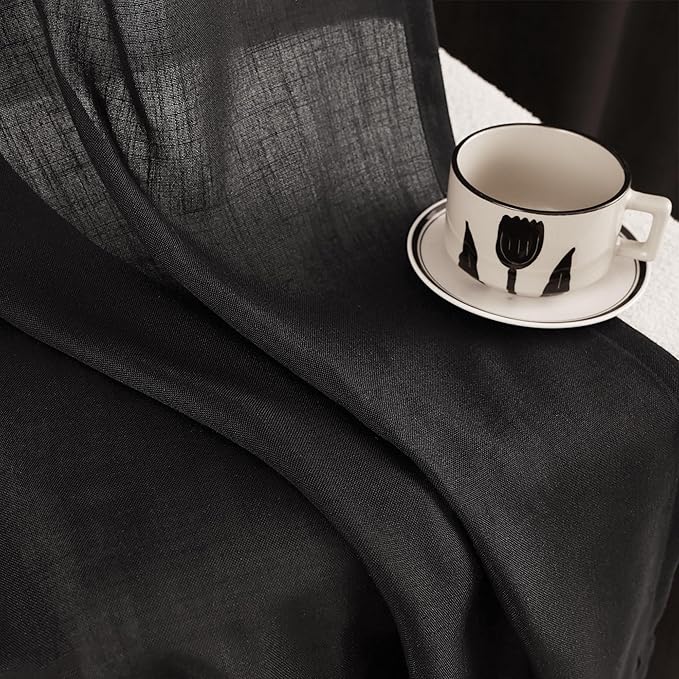Black Linen Curtains 84 inches Long for Bedroom Back Tab Light Filtering Privacy Semi Sheer Black Curtains Living Room Boho Rustic Farmhouse Cotton Textured Gauze Curtain 2 Panel Set