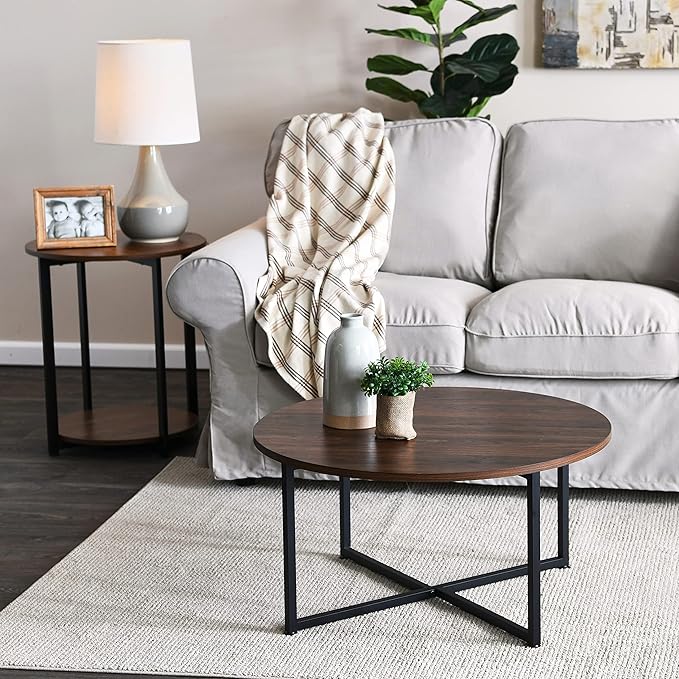 Household Essentials Jamestown Round Coffee Table Mid Century Walnut Wood Grain and Black Metal