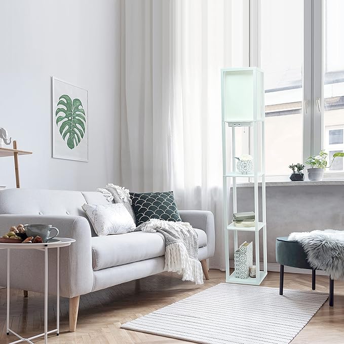 Simple Designs LF1037-WHT Floor Lamp Etagere Organizer Storage Shelf with 2 USB Charging Ports, 1 Charging Outlet and Linen Shade, White