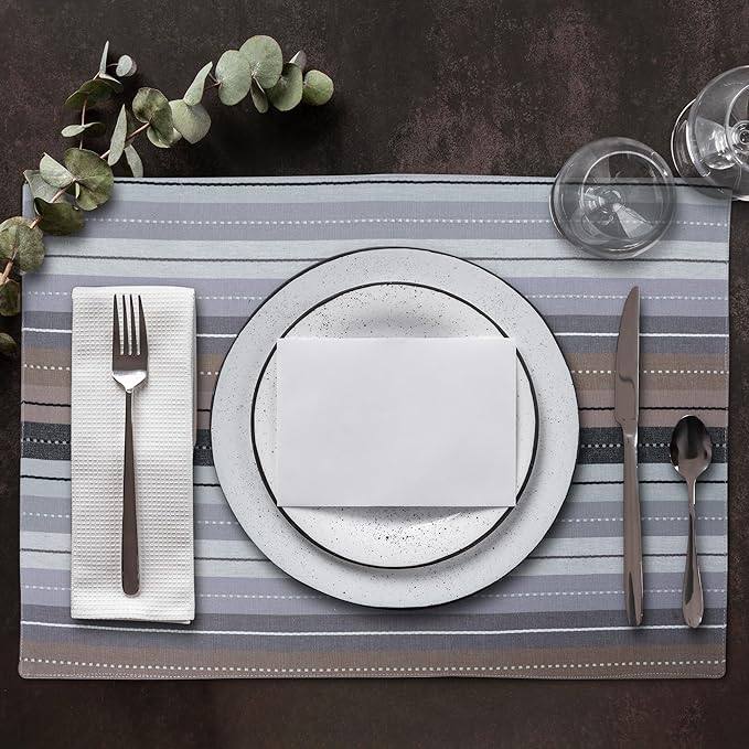 Urban Villa Christmas Placemats Grey Multi Stripes 100% Cotton Fused Tablemats for Dining Size 14''x20'' Set of 6 Placemats for Christmas Celebrations Wedding Parties Every Day Use Heavier Quality