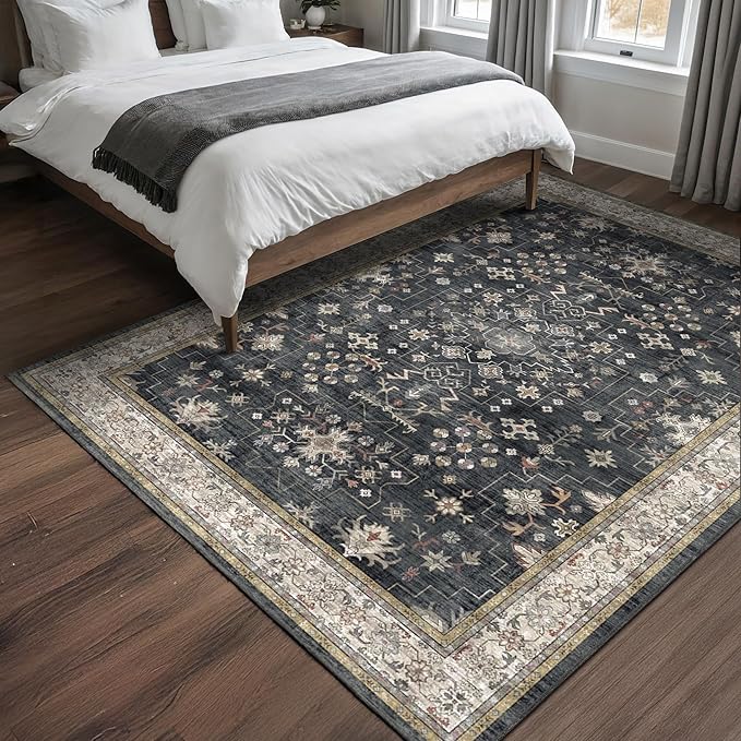 Black Modern Farmhouse 5x8 Area Rug for Living Room, Boho Large Entryway Rug, Dark Floor Carpet for Kitchen Under Small Dining Table, Bedroom - Washable Low Pile Waterproof Non Slip & Stain Resistance