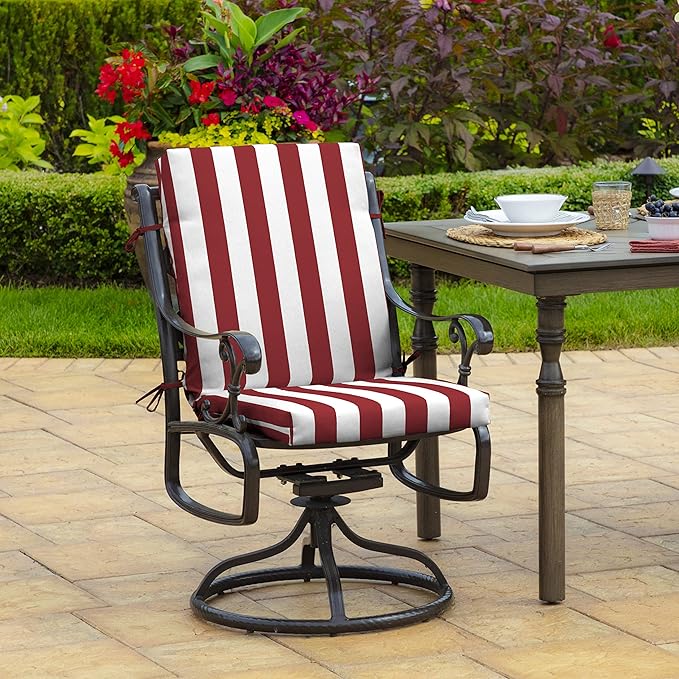 Arden Outdoor Dining Chair Cushion, 20 in x 20 in, Weather-Proof, Rain-Proof, Fade Resistant Patio Cushion for Patio, Dining, or Rocking Chairs 20 x 20, Ruby Red Cabana Stripe