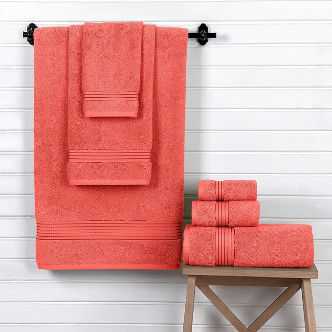 Elegant Comfort Premium Cotton 6-Piece Towel Set, Includes 2 Washcloths, 2 Hand Towels and 2 Bath Towels, 100% Turkish Cotton - Highly Absorbent and Super Soft Towels for Bathroom, Coral