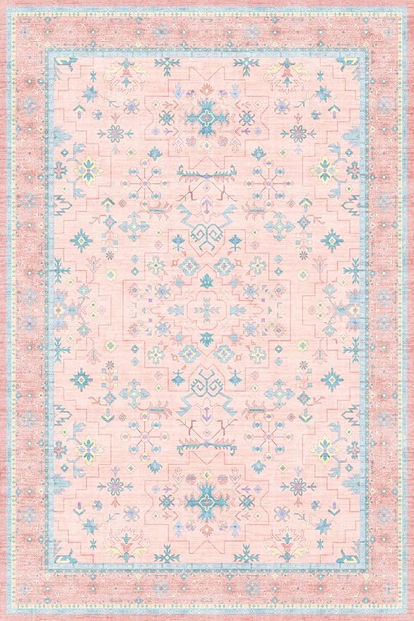 Nursery Area Rug 4x6 - Pink Rugs for Girls Bedroom, Living Room - Washable Low Pile Non-Slip Charming Boho Vintage Traditional Oushak Design, Perfect for Kids Rooms