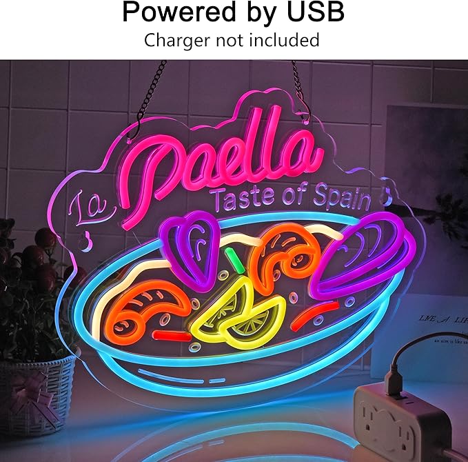 Paella Neon Sign, Neon Lights Hanging Wall Art Decoration for Restaturant Shop Store Bar Market Deli Café Celebration Party Home Decor, USB Powered Ultra Bright Dimmable,15.75 * 11.8inches