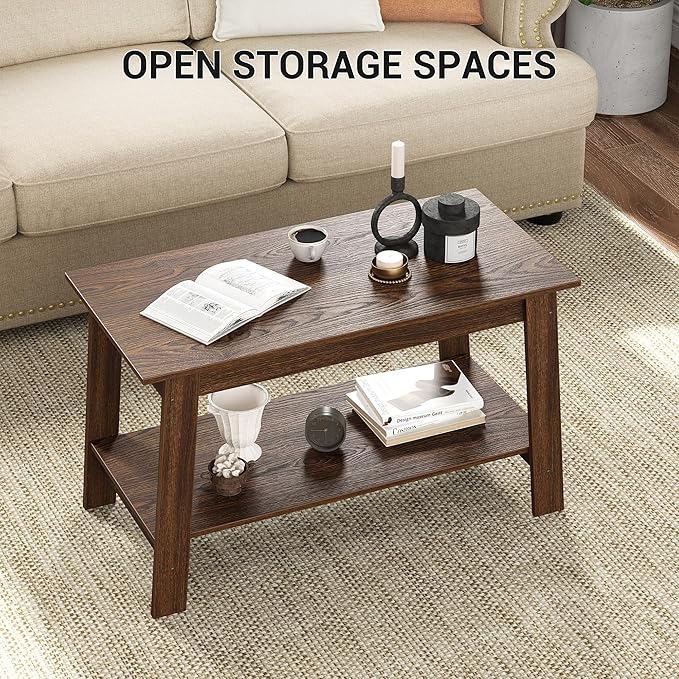2-Tie Coffee Table, Rustic Wood Living Room Tables with Open Rectangular Storage Compartment, Coffee Tables for Living Room, Outdoors, Home Office, Bedroom, Walnut
