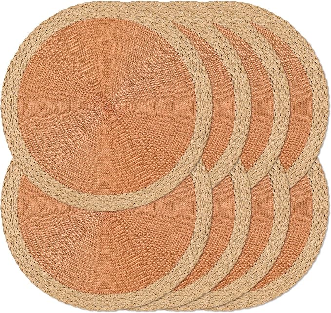 Noctiflorous Round Braided Placemats Set of 8 Table Mats 15 Inches Washable Heat Resistant for Dining Table Non-Slip Indoor Outdoor Place Mats for Thanksgiving Christmas Easter(Orange Wide Edge 8)