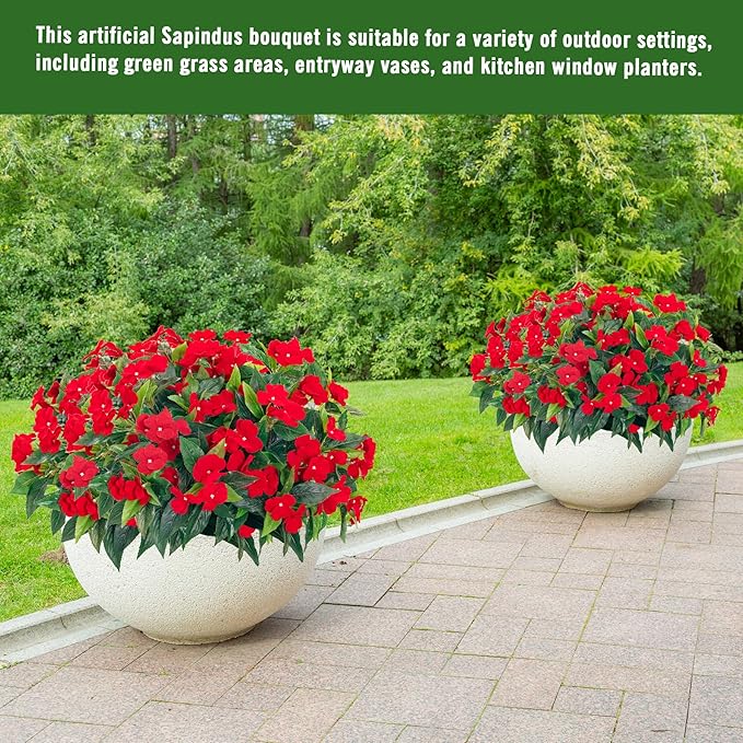 Uqueeten15.7” Spring Decorations for Home Flowers Fake Plants Fake Flowers Artificial Impatiens Bouquet Flowers for Outdoors Silk Faux Flowers Impatiens Plants Decor Indoor Planters 8PCS Red