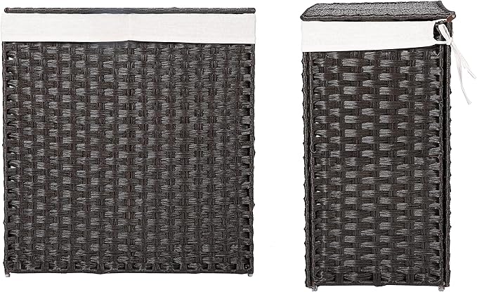 BIRDROCK HOME Laundry Hamper with Lid - Hand Woven PE Rattan Divided Sorter with Removable Liner Bags - Large Collapsible & Foldable Bin Clothes Basket Organizer for Bedroom & Bathroom - Double, Brown