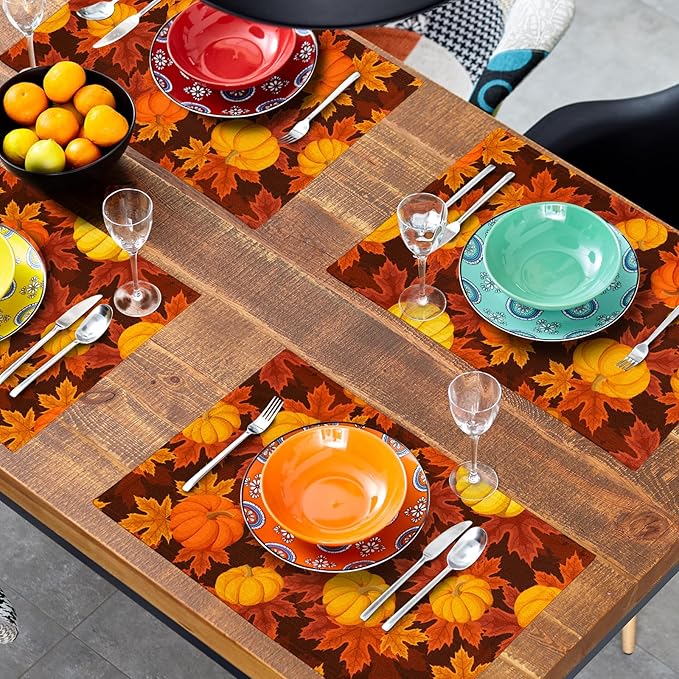 Fall Placemats Set of 4 Autumn Pumpkin Leaves Linen Place Mat Washable Non-Slip Heat Resistant 12×18 Inch Thick Place Mats Decorative Fabric Table Mat for Dining Table