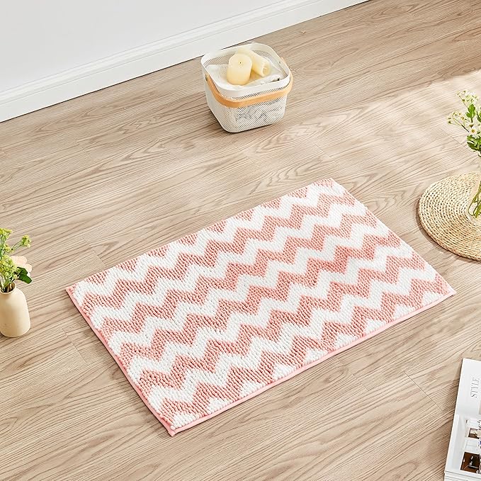 CozeCube Chenille Bathroom Rugs 59" x 24", Soft Microfiber Chevron Bath Mats for Bathroom, Non Slip Shaggy Bath Rugs Machine-Washable, Plush Absorbent Shower Mat, Blossom Pink