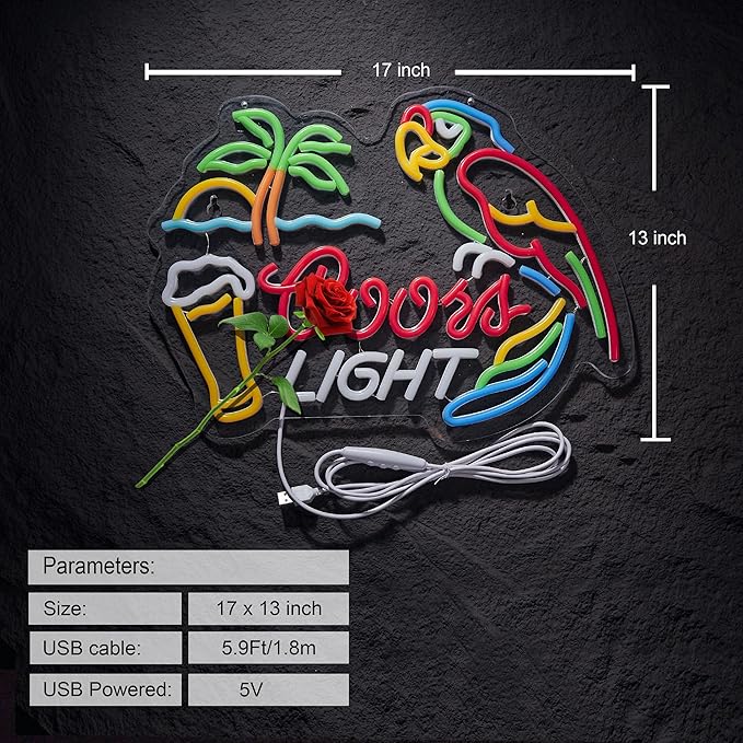 Bar Parrot Crs LIGHT Neon Sign for Beer Palm Tree Wall Décor Dimmable Switch Neon LED Light up Signs with USB Powered for Home Bedroom Man Cave Art Decor Gift