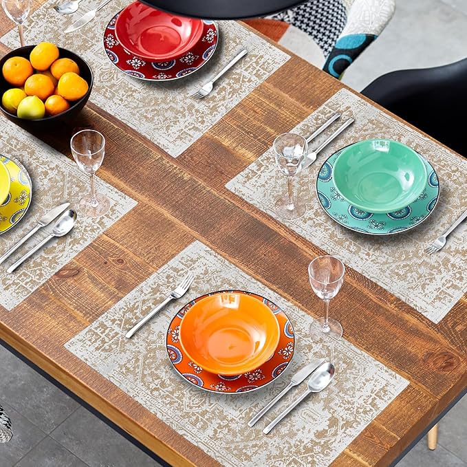 Gray Khaki Boho Placemats Set of 6 Ethnic Bohemian Carpet Place Mats Washable Kitchen Dining Vintage Grey Geography Floral Linen Table Mats Stain Heat-Resistant for Home Party Indoor 12x18 in