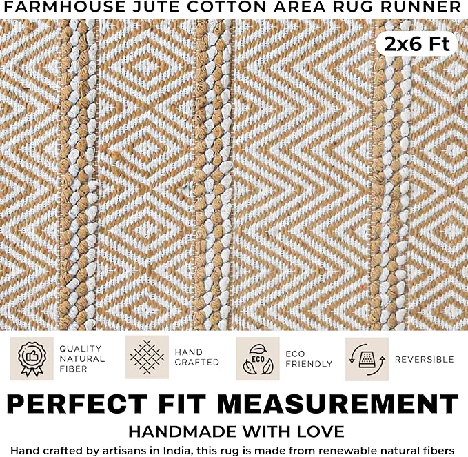 Bedding Craft Jute Cotton Stripe Area Rug Runner for Living Room 24x72 Inch - Natural Ivory - Machine Washable 2x6 Feet Rugs - 70% Jute and 30% Cotton