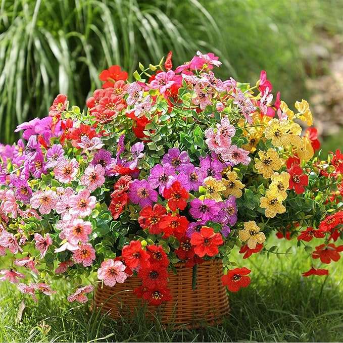 Artificial Flowers Outdoor, Faux Silk Flowers Plastic Plants for Outdoors Indoor Outside Front Porch Hanging Planter Window Box Garden Home Decoration, 14 Bundles(Rose Red)
